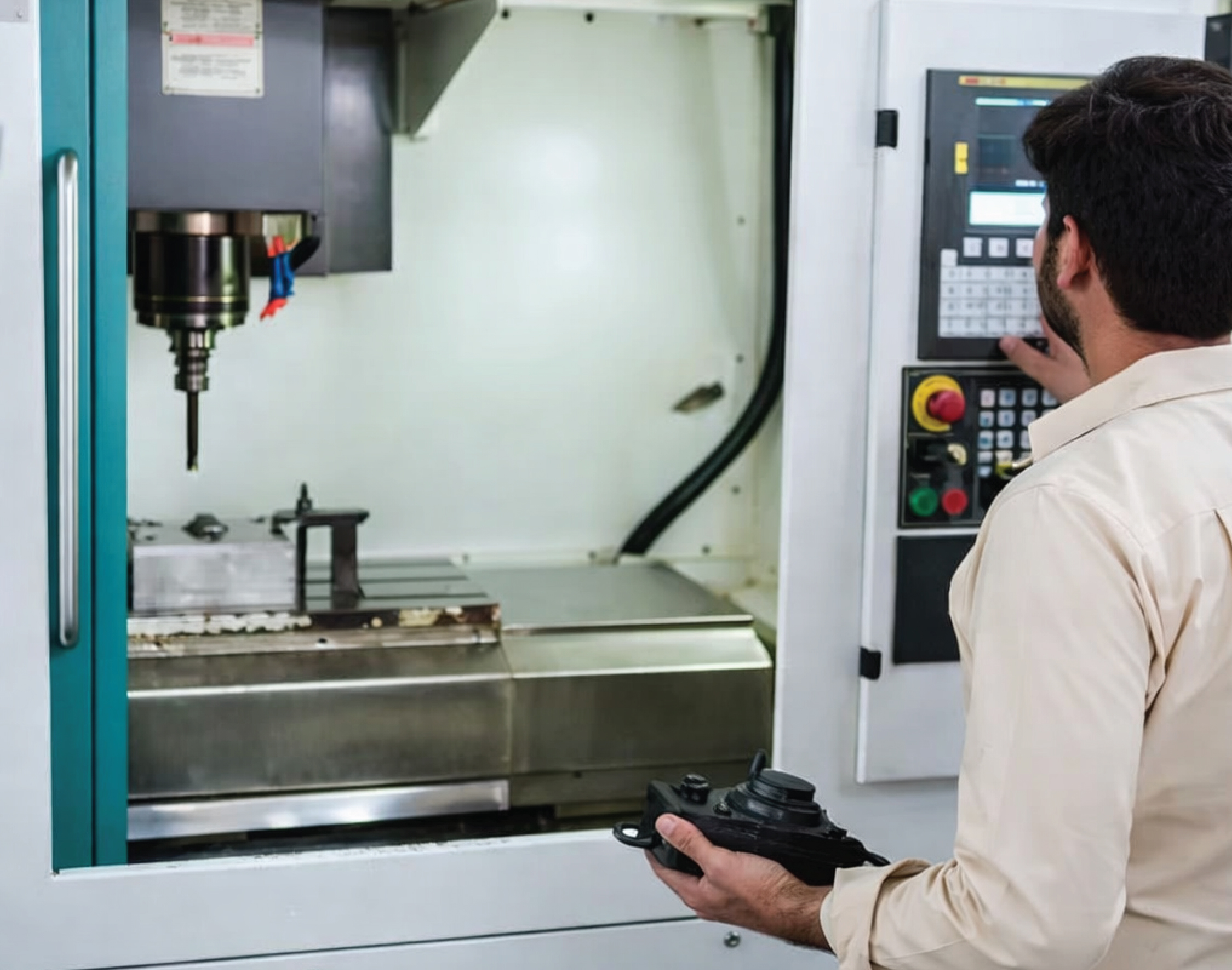 VMC machining process with vertical cutting tool working on metal part